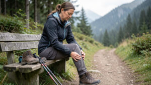 Une femme assise sur un banc de sentier tient doucement son genou douloureux après une randonnée, avec ses chaussures de marche et ses bâtons à proximité.