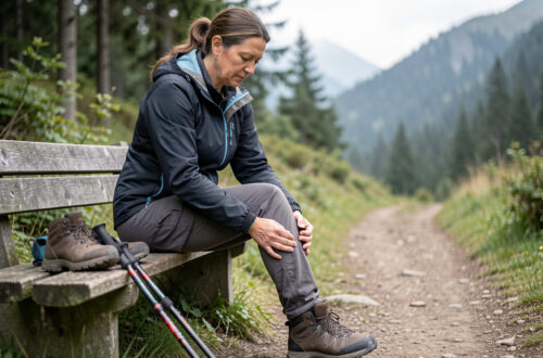 Une femme assise sur un banc de sentier tient doucement son genou douloureux après une randonnée, avec ses chaussures de marche et ses bâtons à proximité.