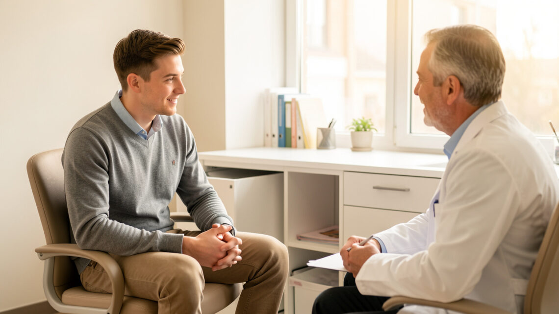 Un jeune homme échange sereinement avec un médecin généraliste dans un cabinet médical lumineux et accueillant.