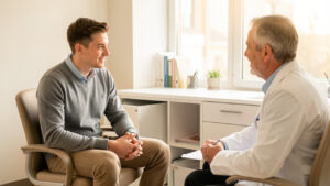 Un jeune homme échange sereinement avec un médecin généraliste dans un cabinet médical lumineux et accueillant.