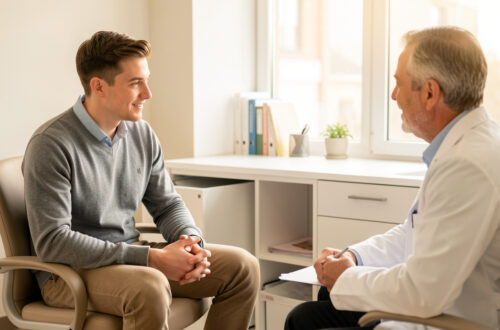 Un jeune homme échange sereinement avec un médecin généraliste dans un cabinet médical lumineux et accueillant.