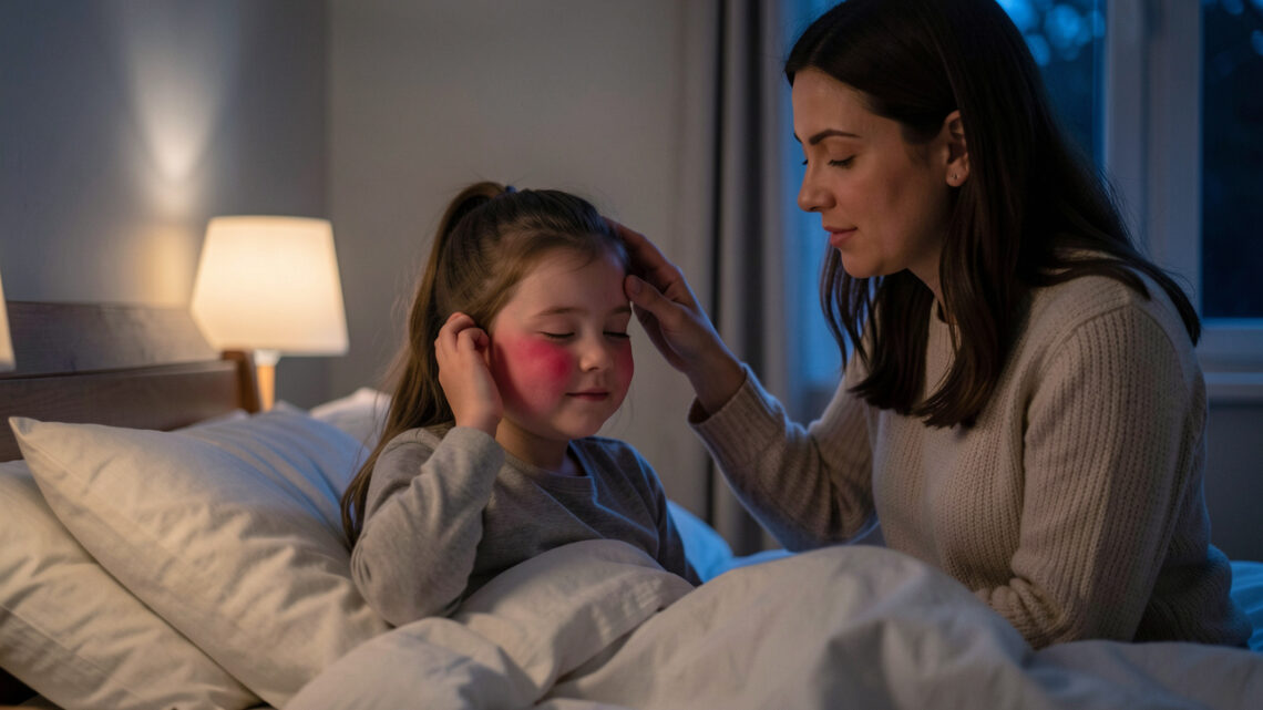 Une jeune fille fiévreuse tient son oreille au lit tandis que sa mère veille auprès d’elle dans une chambre éclairée doucement la nuit.