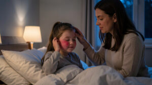 Une jeune fille fiévreuse tient son oreille au lit tandis que sa mère veille auprès d’elle dans une chambre éclairée doucement la nuit.