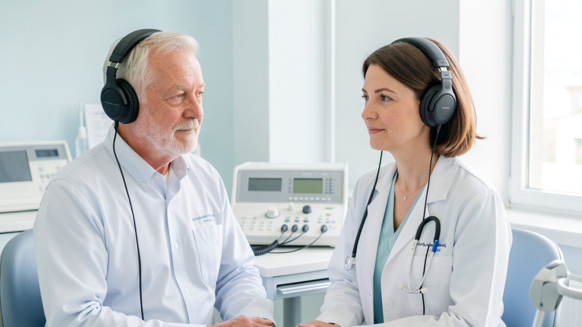 Un homme de 65 ans consulte une médecin ORL dans une salle lumineuse, avec un casque de test auditif et un audiomètre visibles.