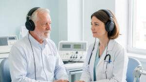 Un homme de 65 ans consulte une médecin ORL dans une salle lumineuse, avec un casque de test auditif et un audiomètre visibles.
