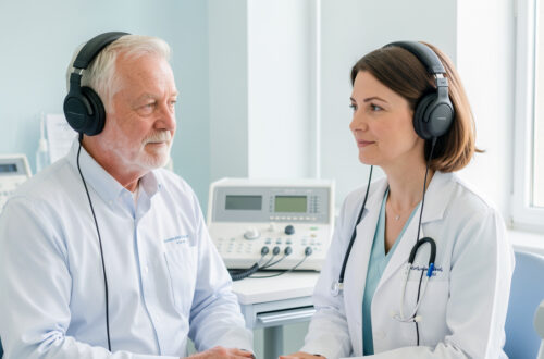 Un homme de 65 ans consulte une médecin ORL dans une salle lumineuse, avec un casque de test auditif et un audiomètre visibles.