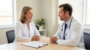 Une femme adulte échange calmement avec un médecin dans un cabinet médical lumineux, avec des documents vierges de dépistage posés sur le bureau.