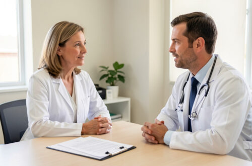 Une femme adulte échange calmement avec un médecin dans un cabinet médical lumineux, avec des documents vierges de dépistage posés sur le bureau.