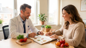 Un médecin et une patiente consultent ensemble un carnet alimentaire vierge dans un cabinet de nutrition lumineux.