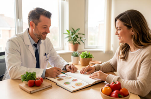 Un médecin et une patiente consultent ensemble un carnet alimentaire vierge dans un cabinet de nutrition lumineux.