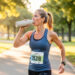 Une coureuse adulte en tenue de sport prend une petite gorgée d’eau avant une course matinale dans un parc lumineux.