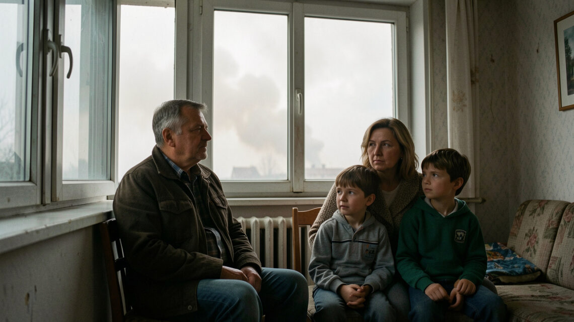 Une famille composée d’un homme, d’une femme et de deux enfants est réunie dans un logement aux fenêtres fermées, tandis qu’un panache de fumée lointain voile le ciel extérieur.