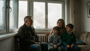 Une famille composée d’un homme, d’une femme et de deux enfants est réunie dans un logement aux fenêtres fermées, tandis qu’un panache de fumée lointain voile le ciel extérieur.