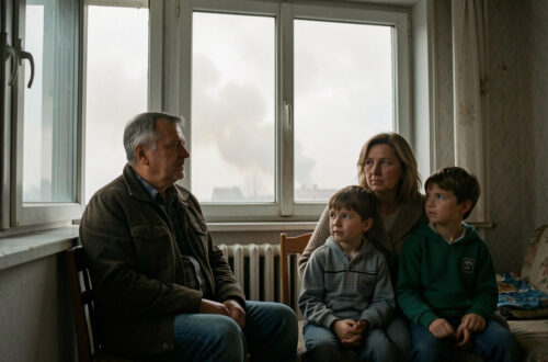 Une famille composée d’un homme, d’une femme et de deux enfants est réunie dans un logement aux fenêtres fermées, tandis qu’un panache de fumée lointain voile le ciel extérieur.