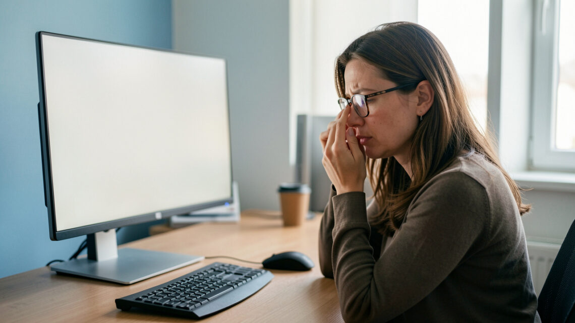 Une femme portant des lunettes se repose devant un poste informatique ergonomique et ajuste son écran dans un bureau lumineux.