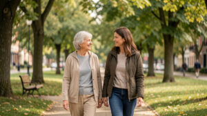 Une femme senior active marche avec sa fille adulte dans un parc arboré, dans une ambiance naturelle, réaliste et apaisée.