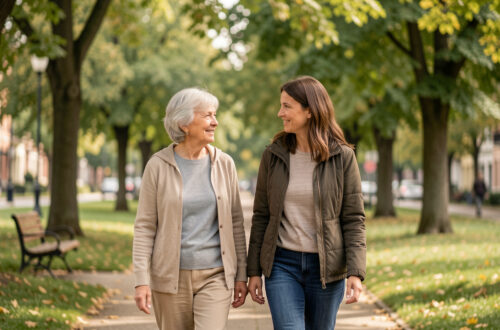 Une femme senior active marche avec sa fille adulte dans un parc arboré, dans une ambiance naturelle, réaliste et apaisée.