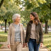 Une femme senior active marche avec sa fille adulte dans un parc arboré, dans une ambiance naturelle, réaliste et apaisée.