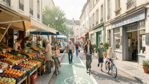 Illustration réaliste d’un quartier français animé avec un marché de fruits et légumes, une piste cyclable, un centre de santé et des habitants de différents âges.