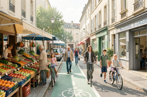 Illustration réaliste d’un quartier français animé avec un marché de fruits et légumes, une piste cyclable, un centre de santé et des habitants de différents âges.