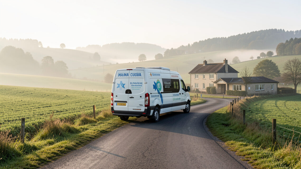 Véhicule de transport médical roulant sur une route rurale verdoyante en direction d’une petite clinique.