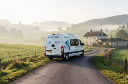 Véhicule de transport médical roulant sur une route rurale verdoyante en direction d’une petite clinique.