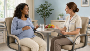 Une femme enceinte échange avec une sage-femme dans un cabinet médical lumineux et accueillant au sujet de sa santé prénatale.