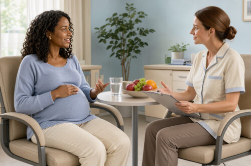 Une femme enceinte échange avec une sage-femme dans un cabinet médical lumineux et accueillant au sujet de sa santé prénatale.