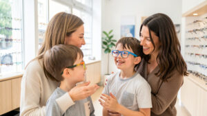 Une opticienne échange chaleureusement avec une mère et son jeune garçon dans un magasin d’optique lumineux, tandis que l’enfant porte une monture de lunettes colorée.