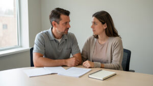 Un homme accompagne une femme lors d’une consultation médicale dans une ambiance calme et rassurante, avec des documents de santé posés sur la table.