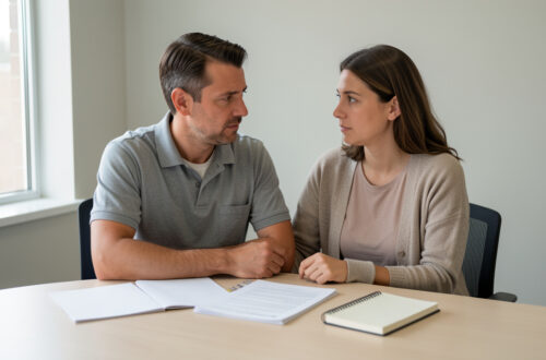Un homme accompagne une femme lors d’une consultation médicale dans une ambiance calme et rassurante, avec des documents de santé posés sur la table.