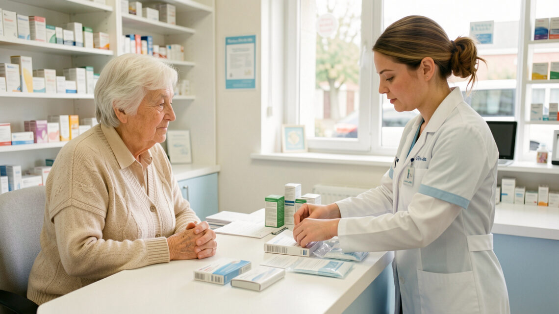 Une femme senior et une pharmacienne préparent ensemble un rendez-vous de vaccination dans une pharmacie lumineuse et rassurante.