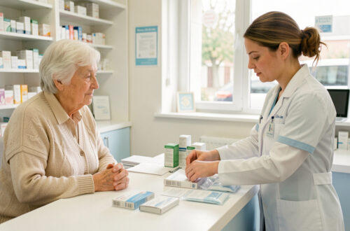 Une femme senior et une pharmacienne préparent ensemble un rendez-vous de vaccination dans une pharmacie lumineuse et rassurante.