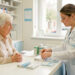 Une femme senior et une pharmacienne préparent ensemble un rendez-vous de vaccination dans une pharmacie lumineuse et rassurante.