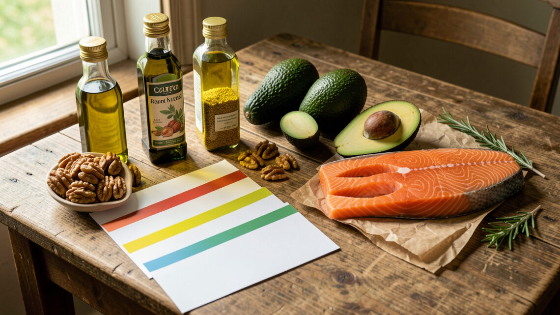 Nature morte réaliste montrant sur une table de l’huile d’olive, de l’huile de colza, des noix, un avocat et du saumon, accompagnés de cartes nutritionnelles vierges, éclairée par une lumière naturelle douce.