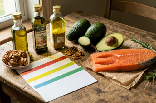Nature morte réaliste montrant sur une table de l’huile d’olive, de l’huile de colza, des noix, un avocat et du saumon, accompagnés de cartes nutritionnelles vierges, éclairée par une lumière naturelle douce.